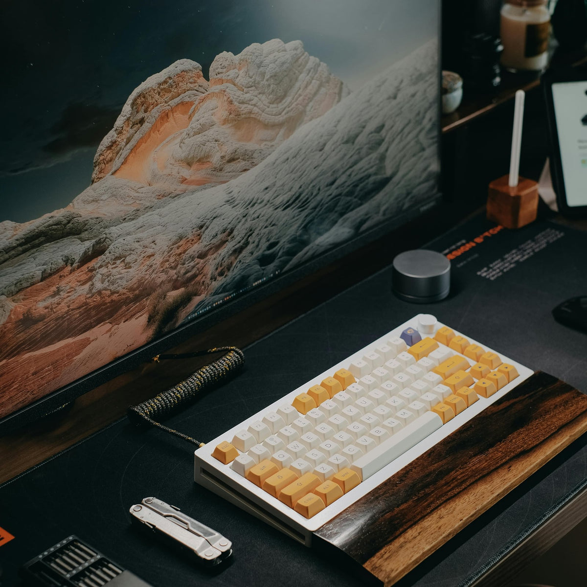 Graphite desk mat in a focused workspace setup