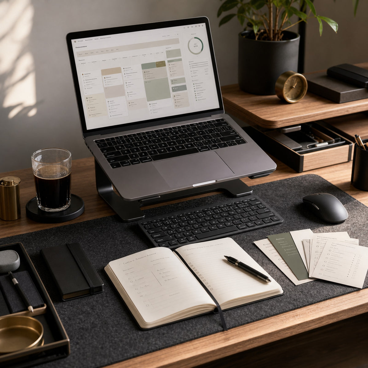 Realistic focus dashboard and notebook scene for the Operator Focus System